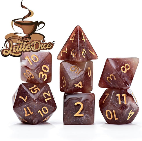 Gate Keeper Games and Dice: Aether Dice: Latte Dice - 7pc RPG Set, Brown & Cream Swirled w/ Holographic Glitter, 7 Resin Dice for Role Playing Gam...