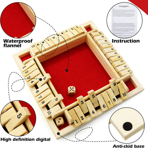 Dice Game Shut The Box Game Wooden Board Game with 10 Dices,a Classic 4 Sided Family Math Game for 2-4 Players Dice Board Game Shut-The-Box,Red(Ki...