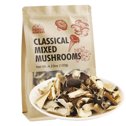 VIGOROUS MOUNTAINS Dried Mixed Mushrooms Blend Including Porcini Shiitake Oyster Woodear Mushrooms 4.23oz, Soft Texture Bold Flavor Vegan Food for...