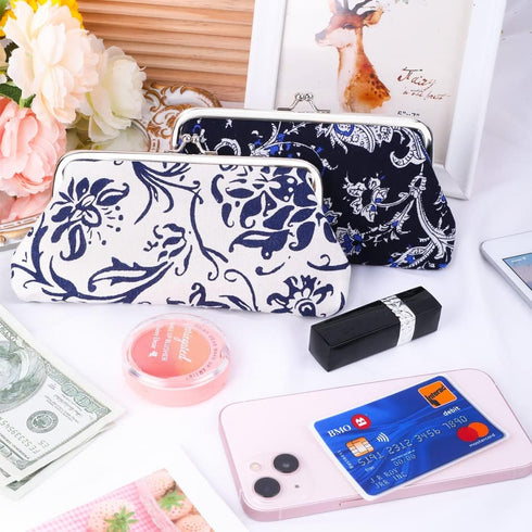 Oyachic 2 Packs Large Floral Coin Purses Canvas Cash Wallet Make Up Cellphone Bag Vintage Change Pouch Key Holder Kiss lock Clasp Clutch...