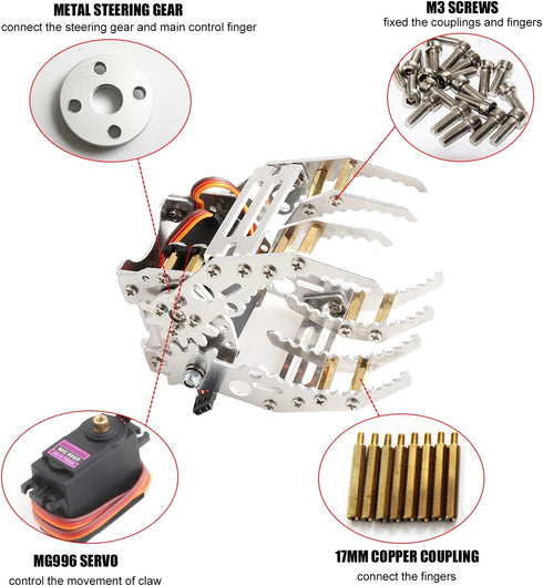 Premium Mechanical Arm Claw with Servo for Robot Hand, Black Metal Robot Gripper Kit, RC Fingers Paw DIY Robotic Part Manipulator Clamp for Arduin...