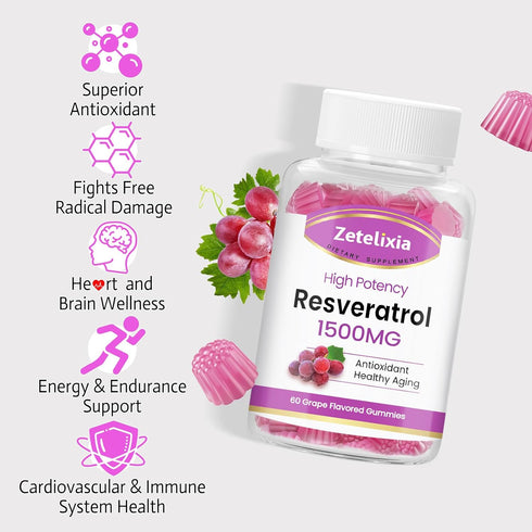 Sugar Free Resveratrol Gummies 1500mg - High Purity Resveratrol Supplement for Antioxidant, Healthy Aging, Skin, Brain, Organic - 60 Gummies...
