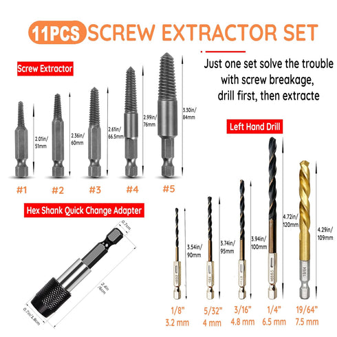 11 Pcs Screw Extractor Set, Easy Out Screw Extractor and HSS Left-Hand Drill Bits Set Bolt Extractor Set,Reverse Drill Bit Extractor Set for Ez Ou...