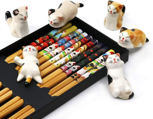 5 Pairs Chopsticks with 6 Cute Lucky Cats Chopstick Rest Set, Classic Japanese Style Reusable Light and Handy Natural Bamboo, Chinese Chopstick gi...