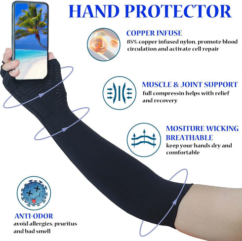 Long Arthritis Compression Gloves for Women Men, Copper Gloves for Joint Pain Relief, Swelling, RSI, Fingerless Carpal Tunnel Glove for Work, Comp...