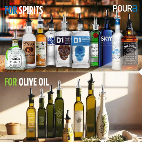 3-in-1 Liquor Pour Spout | Olive Oil Spout with Built-in Caps for Optimal Fly and Dust Protection - Dishwasher Safe, Hygienic Alcohol Speed Spouts...