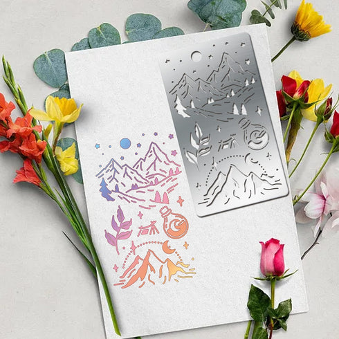 4 Pcs Metal Magic Mountains Stencils Reusable Metal Journal Stencil Moon Sun Pyrography Template for Wood Carving, Drawings and Woodburning, Engra...