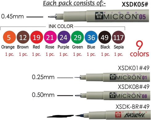Sakura Pigma Micron pens 12 Fineliner Drawing Set (05 Assorted Color with Black Brush, 08, 01 & 05)...