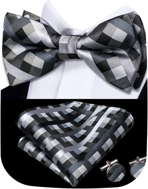 Hi-Tie Silk Pre-Tied Bowtie for Men Woven Bow Ties and Pocket Square Cufflinks Set for Wedding Party Formal...