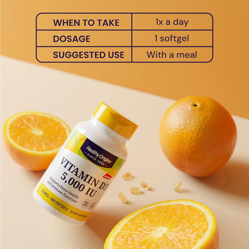 Healthy Origins Vitamin D3 5,000 IU (Non-GMO, High Potency, Bone Support, Immune Support, Gluten Free), 120 Softgels...