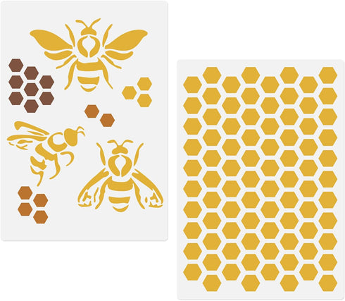Bee Honeycomb Hexagon Stencils, 2 Pcs Bee Theme Drawing Template for Painting on Wood Fabric Wall Furniture Card Making Home Decor Reusable A4 Siz...