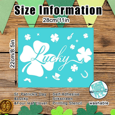 2Pcs 11x8.5inch Saint Patrick's Day Silk Screen Stencils, Lucky Four-leaf Clovers Self-Adhesive Stencils Reusable Silkscreen Mesh Stencils for Pri...