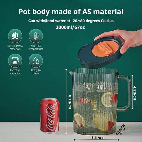 68oz/0.52 Gallons/2.0 Litre Plastic Pitcher with Lid,Clear Hot/Cold Eco-Friendly Carafes, Fridge Water Pitcher Jug for Hot/Cold Lemonade Juice Bev...