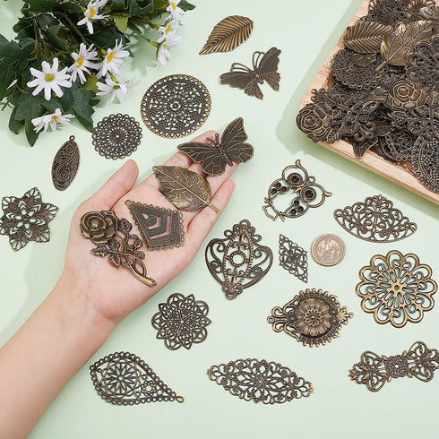 PH PandaHall 120pcs Filigree Metal Embellishments 19 Style Filigree Connectors Charms Antique Bronze Flower Animal Pendants for Steampunk Mixed Me...