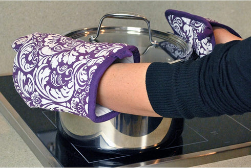 DII Quilted Kitchen Oven Mitt & Potholder Set, Hanging Loop for Convenient Storage, OM 6.5x12/PH 8x8.5, Eggplant Damask Print, 2 Piece...