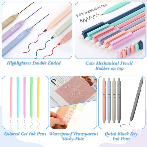 30 Pcs Aesthetic School Supplies 6 Cute Mechanical Pencil 5 Colored Ballpoint Pen 5 Quick Dry Pen 6 Pastel Highlighter 6 Transparent Sticky Note S...