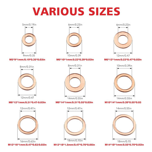 200pcs Copper Washers Sealing Crush Drain Plug Washer Assortment Kit Metric M5 M6 M8 M10 M12 M14 (Copper)...