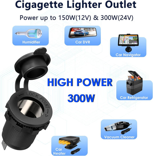 Cigarette Lighter Socket 12 Volt Plug,Qidoe Dual Quick Charger3.0 and PD 20W Waterproof 12 Volt USB Outlet with 150W 12V Cigarette Socket Panel fi...