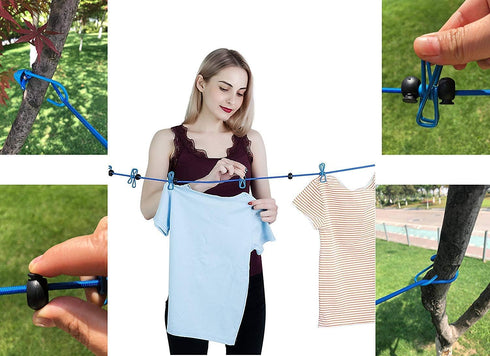2 Pack Portable Clothesline with 12 Clothespins, Windproof Travel Stretchy Retractable Elastic Laundry Clothes Line for Backyard, Vacation Hotel, ...