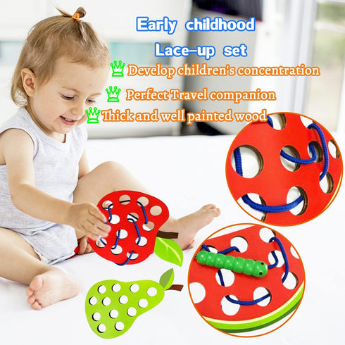 4 Pack Wooden Lacing Toy,Educational Threading Activity Puzzles,Learning Fine Motor Skill Travel Toy,Wooden Fruit Threading Set for Toddlers Kids ...