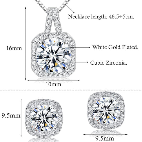 Cubic Zirconia Earrings and Necklace Set for Women 14K White Gold Plated Square Jewelry Set for Women Silver Pendant Necklace Hypoallergenic Stud ...