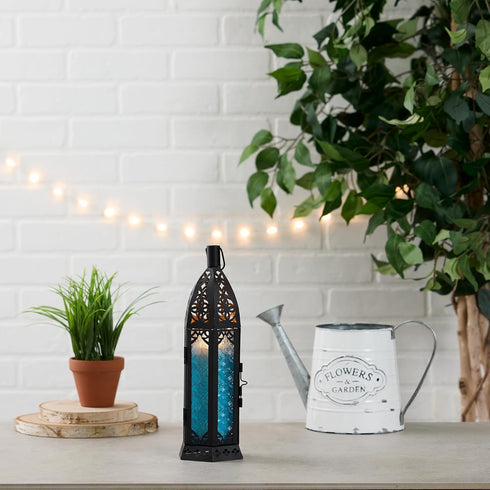 Zingz & Thingz Moroccan Style Candle Lantern Holder, Decorative Light Home Decor, Indoor & Outdoor, 13" Tall, Black with Blue Glass...