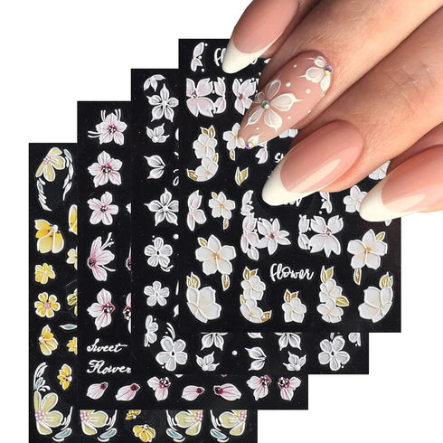 Flower Nail Art Stickers Decals 5D Embossed Spring Nail Decals 3D Self-Adhesive Nail Art Supplies Yellow Pink White Kapok Camellia Design Nail Acc...