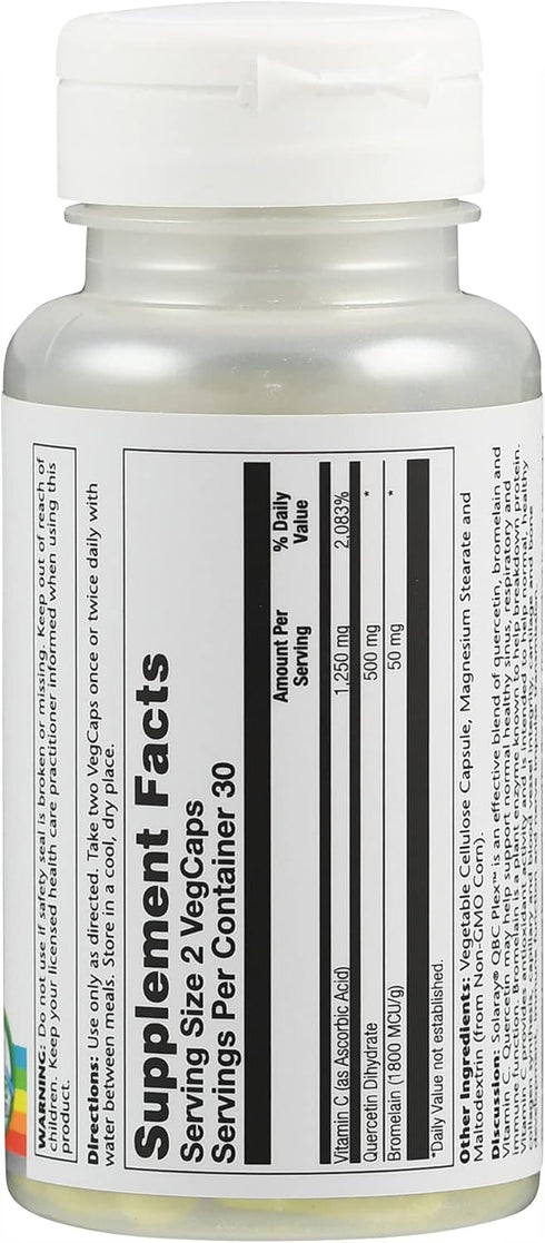 SOLARAY Quercetin Bromelain & Vitamin C, Immune System, Sinus, Respiratory & Antioxidant Activity Support, Vegan, 500mg of Quercetin & 1,235mg of ...