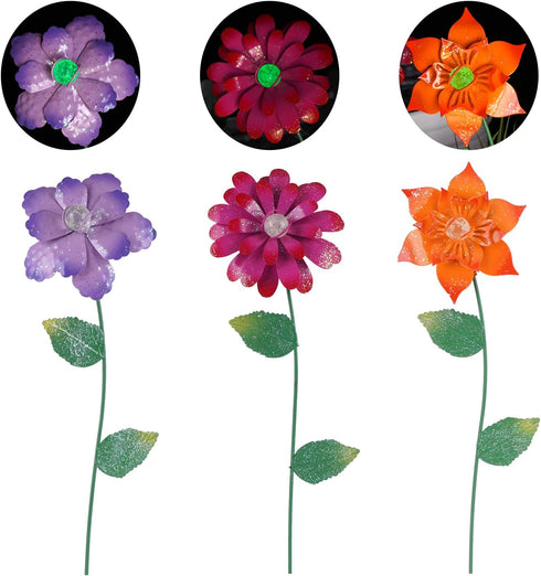 Floral Garden Stake Decor,Glow in Dark Outdoor Plant Pick Water Proof Metal Flower Stick for Lawn Yard Patio,Pathway Ornament,Set of 3...