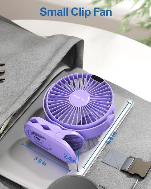 SWEETFULL Portable Clip on Fan - Battery Operated Stroller Fan, 4000mAh Small Rechargeable Fan with LED Display, 4 Speeds, Mini Personal Cooling D...
