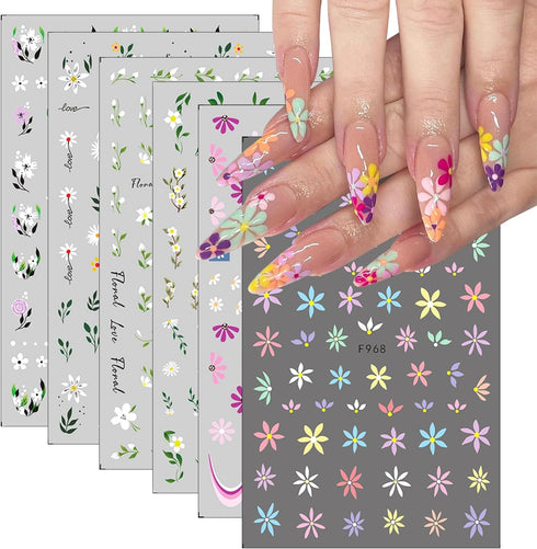 6 Sheets Flower Nail Art Stickers 3D Self-Adhesive Flower Nail Decals Spring Daisy Blossoms Design Floral Nail Sticker Spring Summer Nail Art Supp...