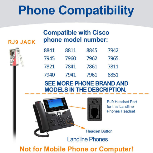 Corded Phone Headset with Microphone Noise Cancelling, RJ9 Office Telephone Headsets Hands Free Compatible with Cisco 8865 8851 8845 8841 7965 794...