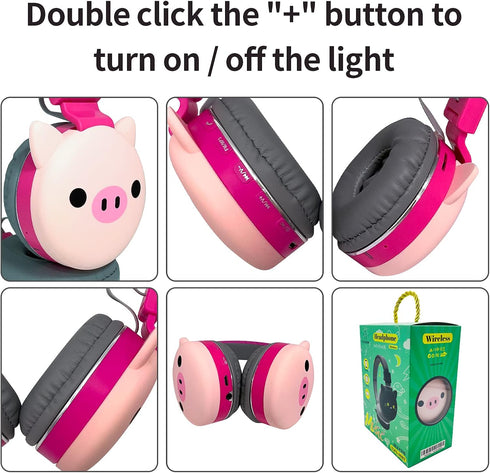 Kid's Bluetooth Headset Cartoon Headphone Wireless FM Headset Music Stereo Headphones Kid's Headphone Over Ear for The Study (Pink-Pig)...
