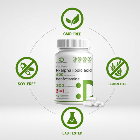 DEAL SUPPLEMENT R Alpha Lipoic Acid 600mg with Benfotiamine 300mg Per Serving, 120 Veggie Capsules – 200mg R-ALA Per Capsule – Antioxidant Supplem...