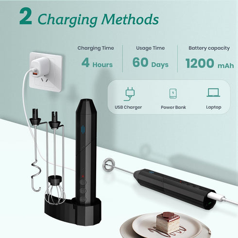 Milk Frother Handheld, USB-C Rechargeable Coffee Frother Wand, Electric drink mixer with Charging Base&3 Heads,3 Speeds Adjustable, Electric Whisk...