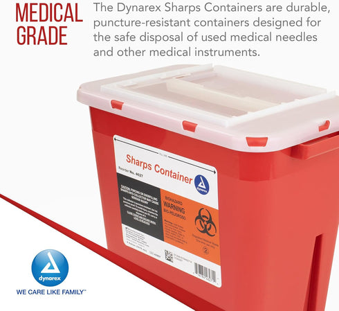 Dynarex Sharps Container, Provides a Safe Disposal of Medical Waste and Needles, Non-Sterile & Latex-Free, 2 Gallons, Made with Thermoplastic, Red...