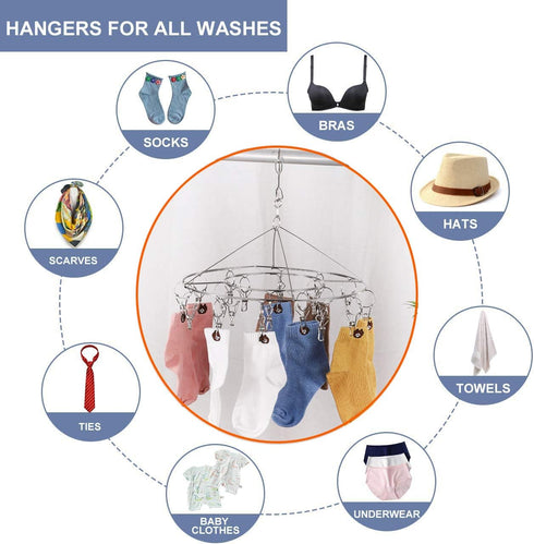 CenYouful Stainless Steel Round Hanging Drying Rack with 20 Clips for Drying Socks, Baby Clothes, Bras, Towel, Underwear, Hat, Scarf, Pants, Glove...