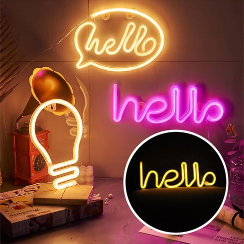 Neon Light,LED Hello Neon Word Sign Neon Letters Light Art Decorative Lights, Wall Decor for Christmas,Kids Room,Living Room,USB Battery Powered (...