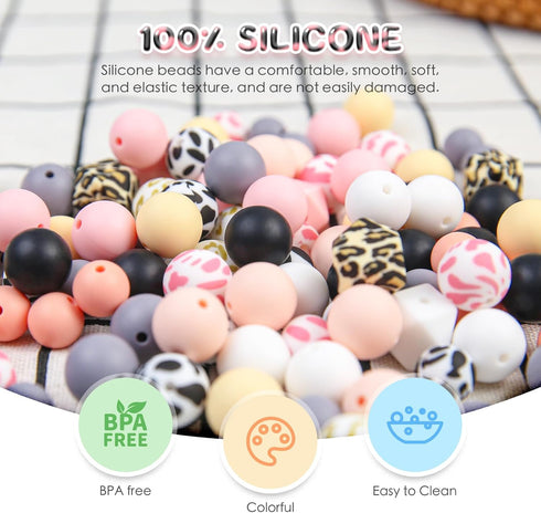 15mm Silicone Bead, Transfer Prints Leopard Silicone Beads & Cow Print Silicone Beads, 108 Silicone Beads for Keychain Making & DIY Jewelry Suppli...
