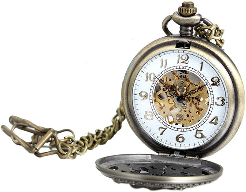 Avaner Steampunk Retro Half Hunter Copper Gear Skeleton Hand Wind Mechanical Roman/Arabic Numeral Analog Display Pocket Watch with 14" Chain...