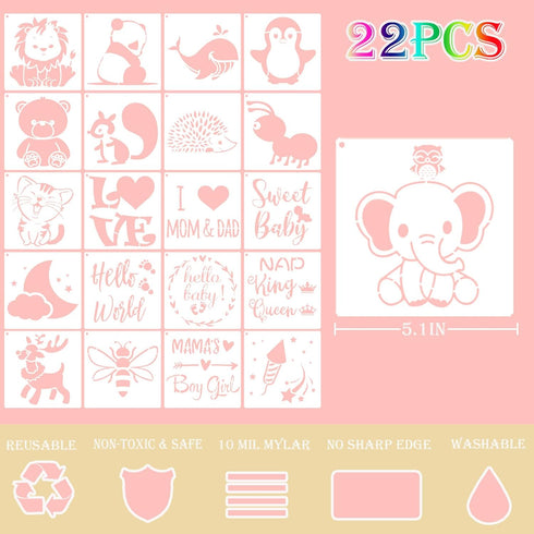 20 Pack Baby Shower Stencils for Onesie Decorating Kit Fabric Reusable Mixed Phrase Pattern Painting Stencils Small Animals Template for Painting ...