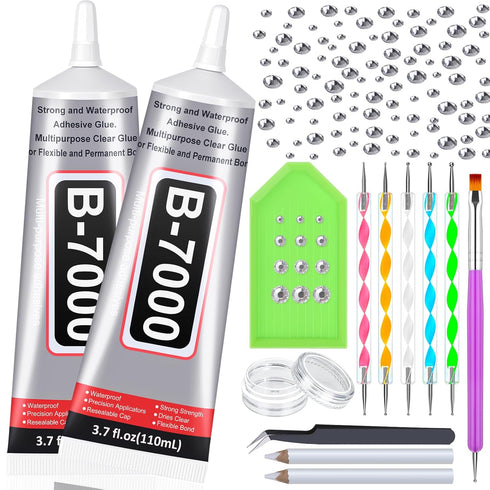 2 x 110ML B7000 Rhinestone Glue with Clear Rhinestone Kit, B-7000 Glue with Flatback Gems Crystal Rhinestones Jewelry Making Tools for Clothes Tum...