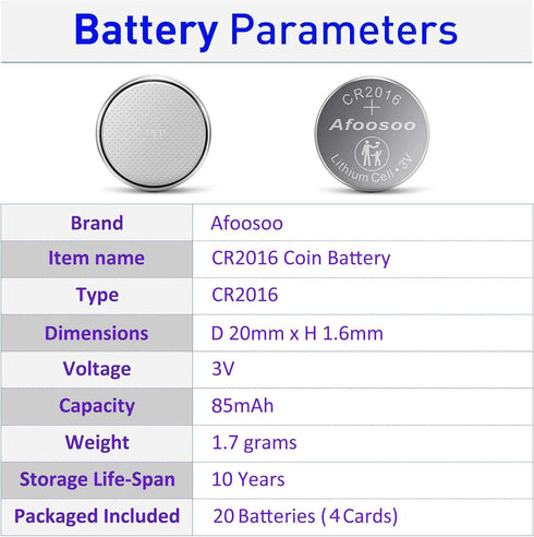 CR2016 3V Lithium Coin Battery – 20 Pack CR 2016 Cells Batteries 3 Volt for Car Remote Control Toyota Camry RAV4 Key Fob Timex Watch Garage Door o...