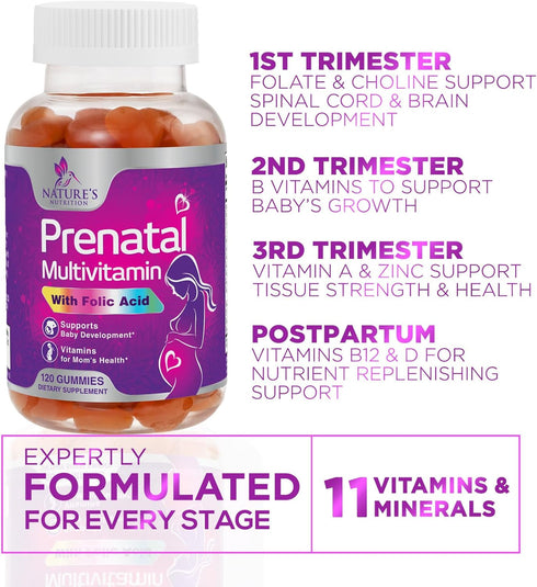 Prenatal Gummy Vitamins for Women, Prenatal Multivitamin with Folic Acid for Fetal Support, Vitamin A, C, D3, B12 & B6, Nature's Pregnancy Vitamin...