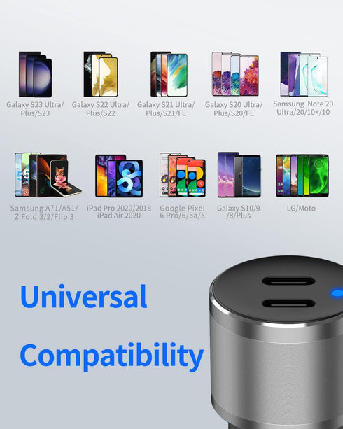 Dual USB C Car Charger, 60W PD (30W + 30W) Super Fast Charging Adapter Metal for iPhone 16/15 Pro Max, Samsung Galaxy S25 Ultra/S25 Plus/S25/S24/S...