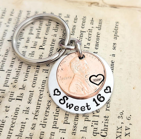 Sweet 16 Happy 16th Birthday Coin Lucky 2008 (Birth Year) Penny Key Chain Gift for Teenage New Driver...