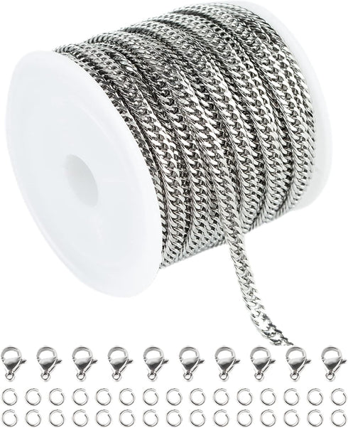 Silver Chain Bulk Jewelry Making Supplies 304 Stainless Steel Link Chain for Necklace Bracelet DIY with Open Jump Rings and Lobster Clasps...