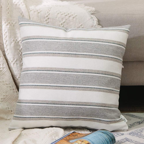 Stripe Throw Cushion Faux Linen Home Decorative Hand Made Pillow Case Cushion Cover for Naps, 24 x 24 inch, 2 Pieces...