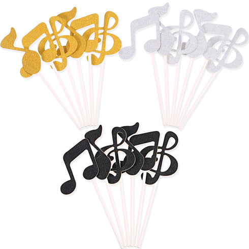 72 Pieces Glitter Music Notes Cupcake Toppers Cake Toppers Picks for Food Fruit and Birthday Party Decoration (Gold, Black, Silver)...