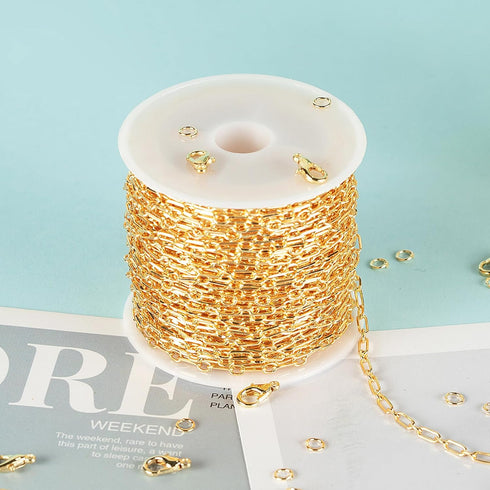 Jabogrii 32.8 Feet 18K Gold Plated Brass Paperclip Jewelry Chains Roll Oval Link Chain for Jewelry Making Gold Necklace Bracelet Chain Bulk for Wo...
